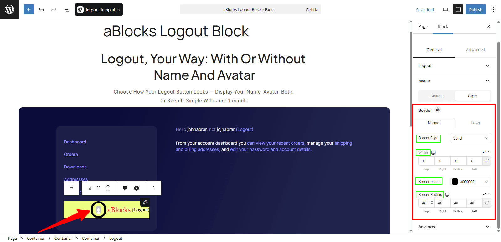 Customize the Style options in the Avatar section.