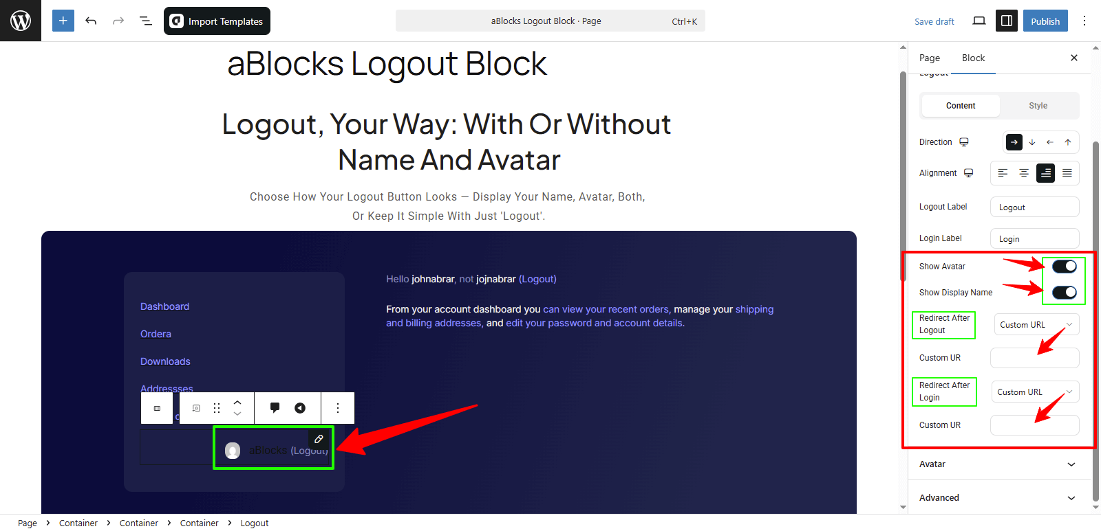 Customize the Content options in the Tab Menu section.
