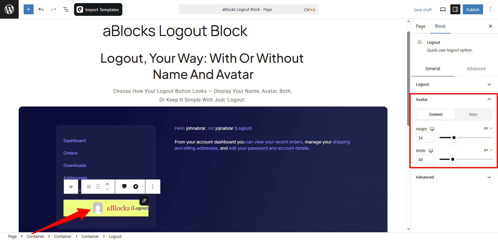 Customize the Content options in the Avatar section.