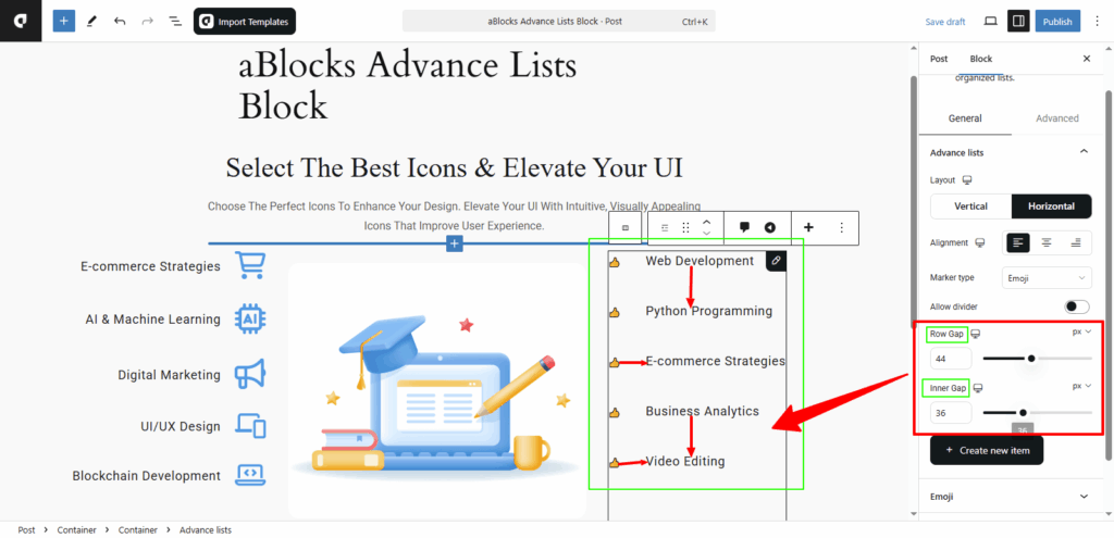 Customize the Row Gap and Inner Gap options