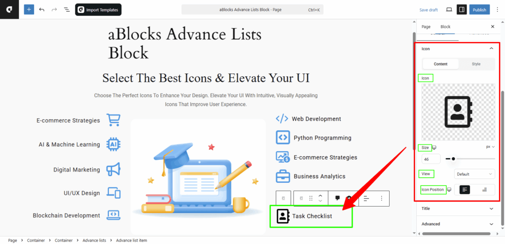Customize the Content options in the Icon section