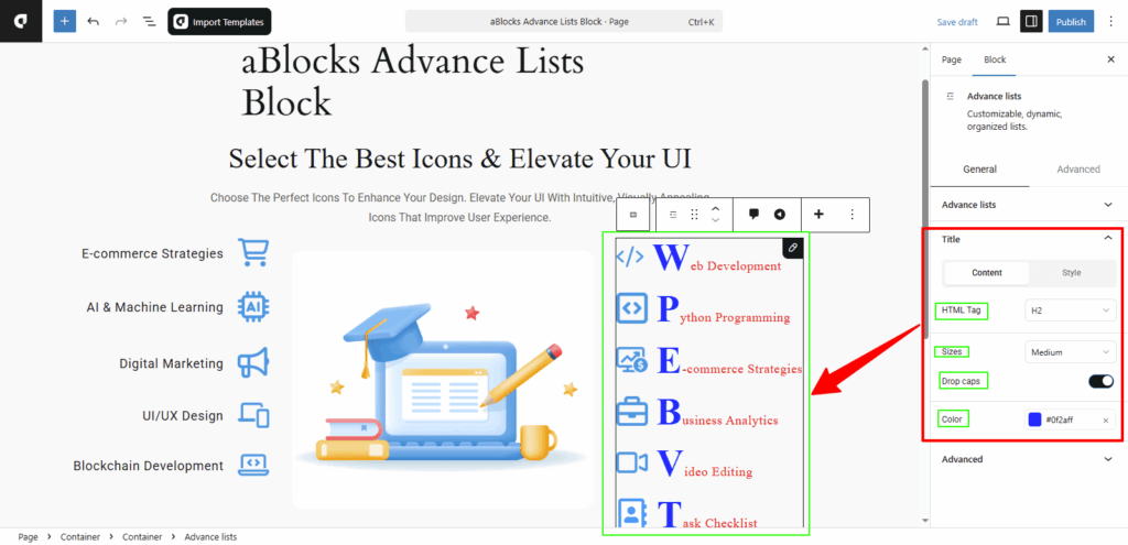 Customize the content options in the title section