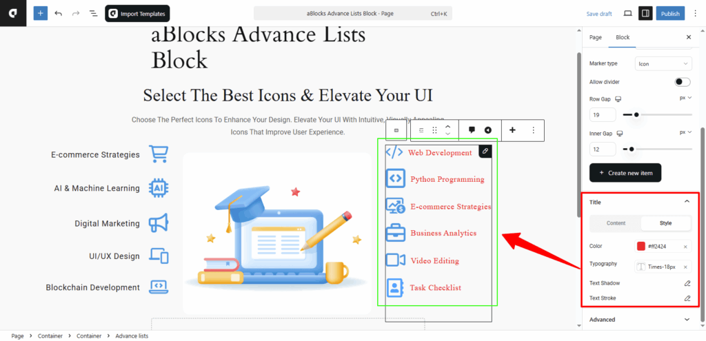 Customize the Style options in the title section
