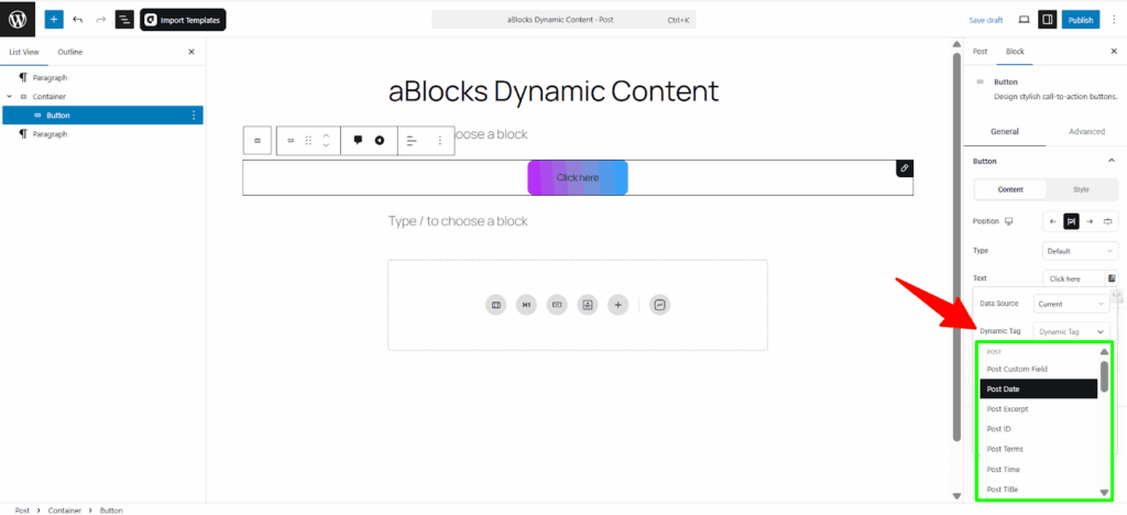 Customize the Post options in the Dynamic Tags section.