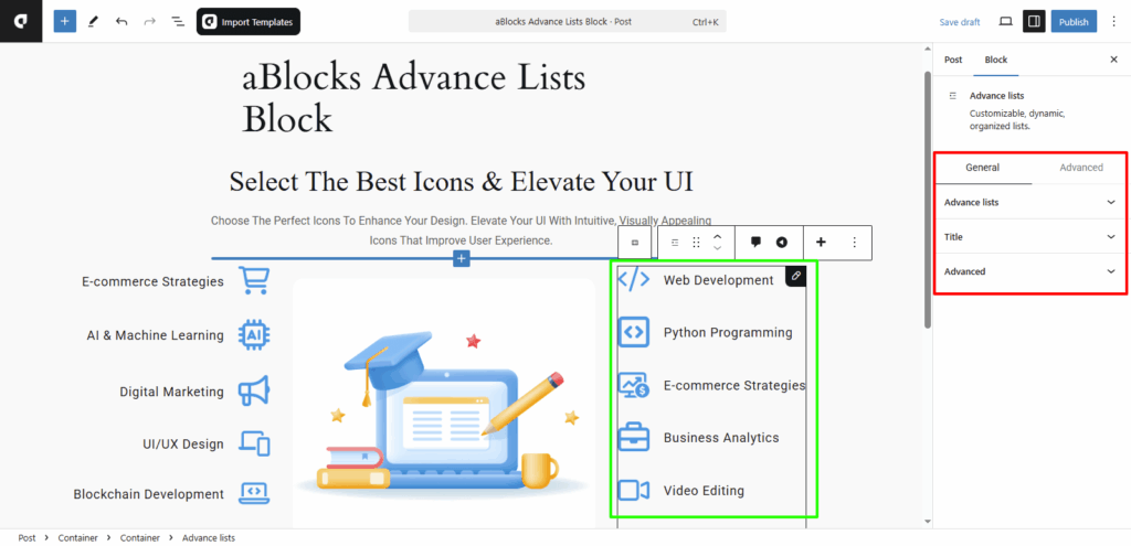 Customize the aBlocks Advance Lists Block