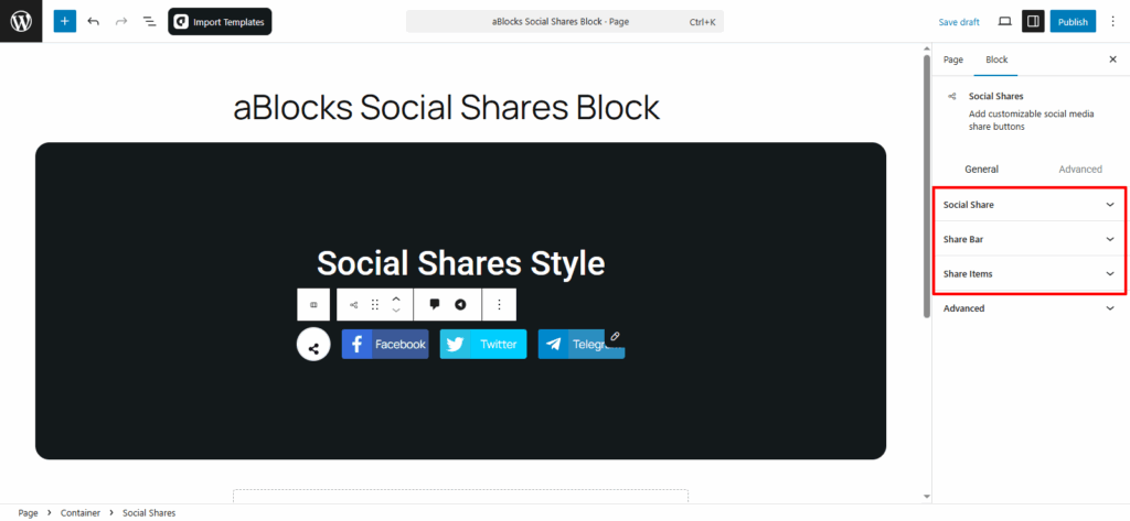 Customize the aBlocks Social Shares Block
