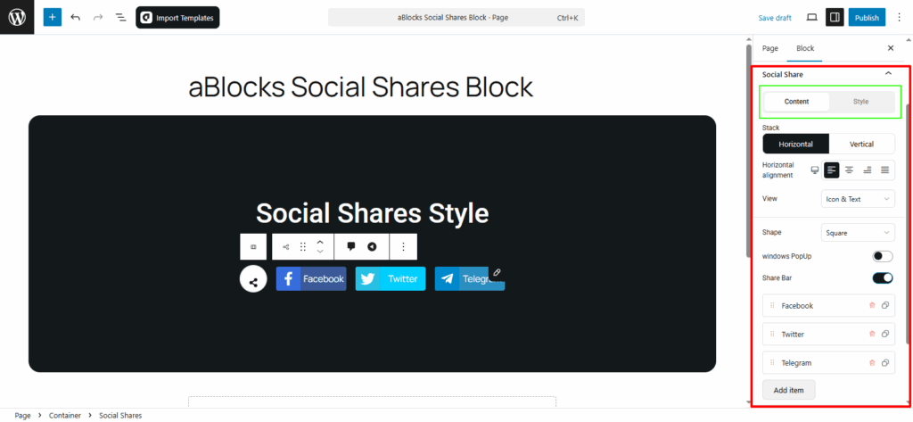Customize the Content options in the Social Share section.