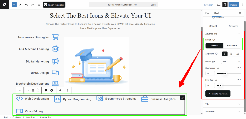 Customize the Advance lists section