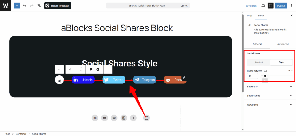 Customize the Style options in the Social Share section.