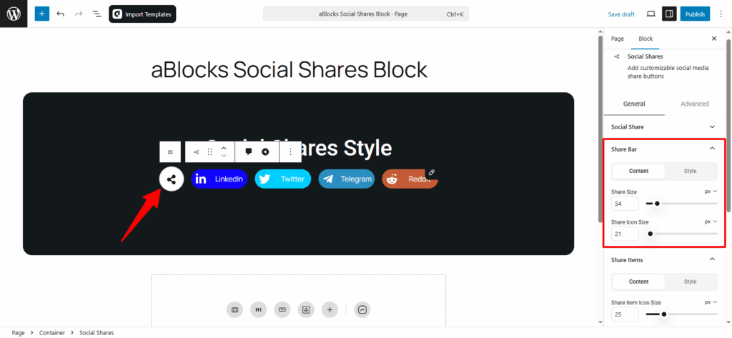 Customize the Content options in the Share Bar section.