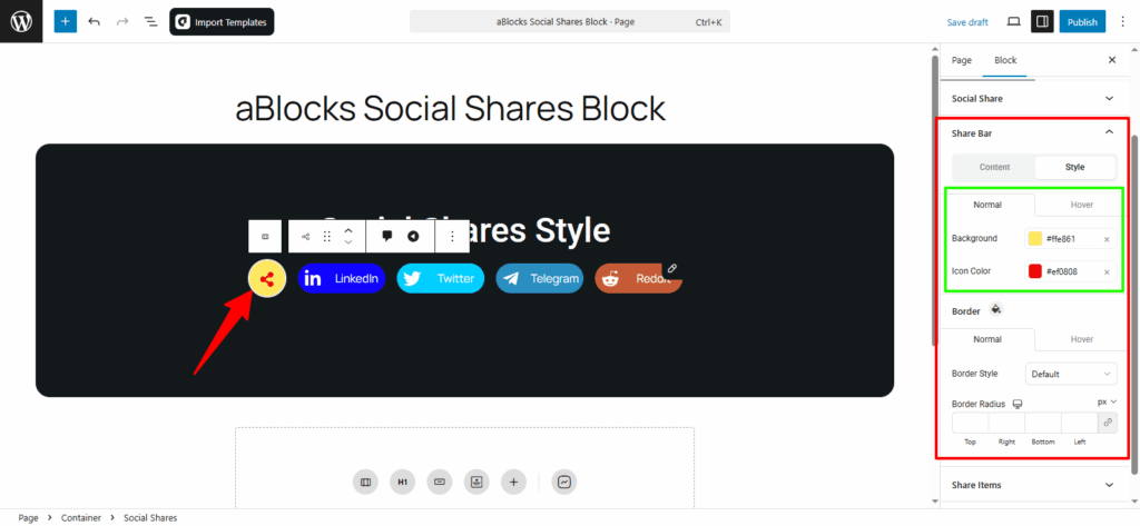 Customize the Style options in the Share Bar section.