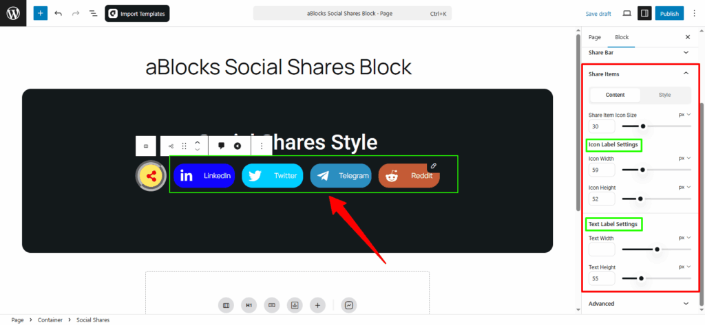 Customize the Content options in the Share Item section.