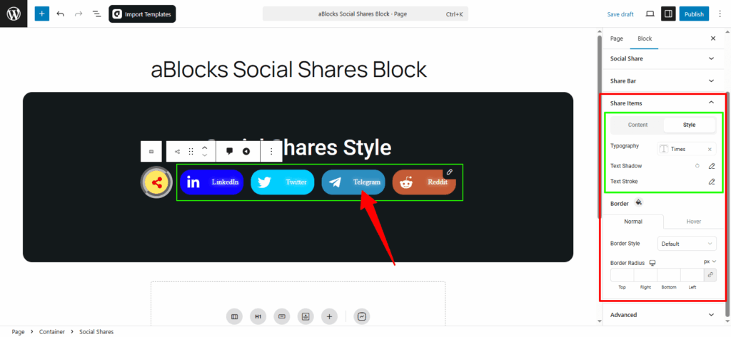 Customize the Style options in the Share Item section.