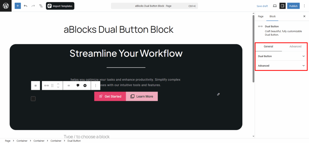 Customize aBlocks Dual Button Block