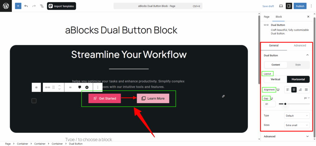 Customize the Content options in the Dual Button section.