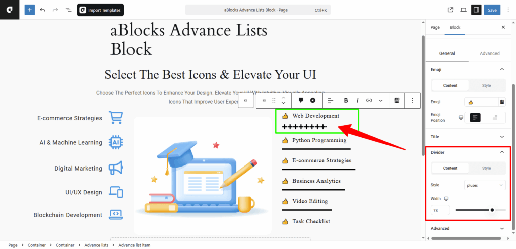 Customize the Content options in the Divider section