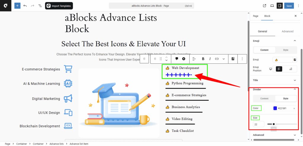 Customize the Style options in the Divider section