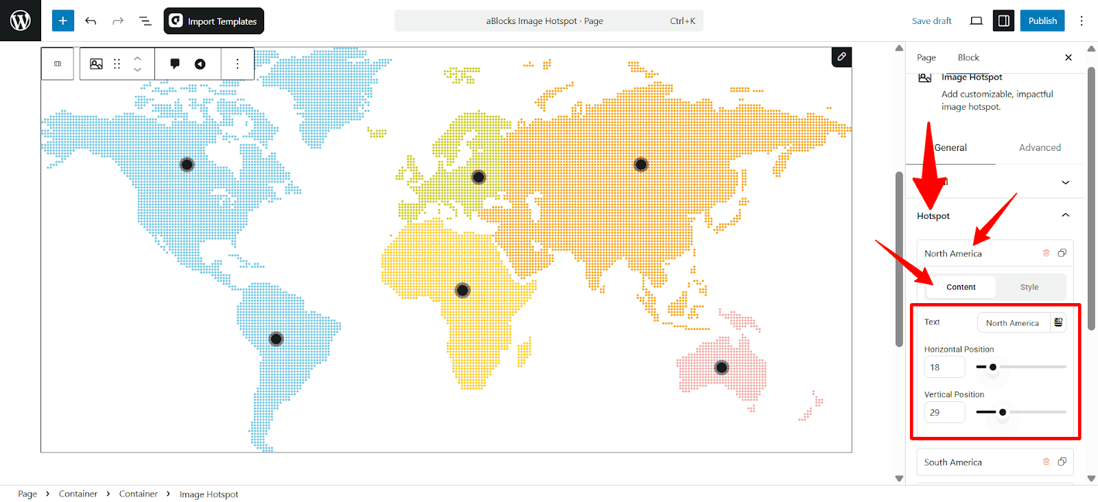 Customize the Content options in the Hotspot section.