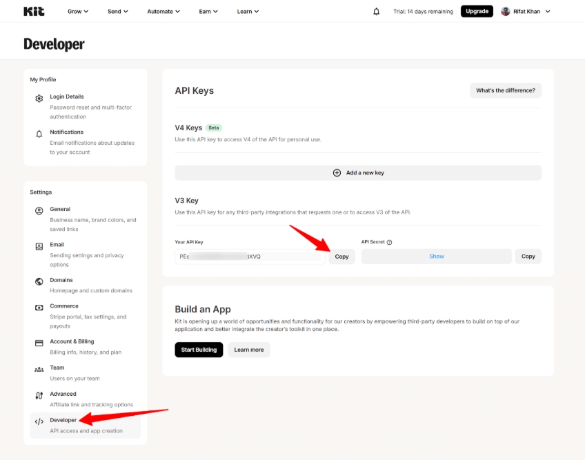ConvertKit Developer tab displaying API key.
