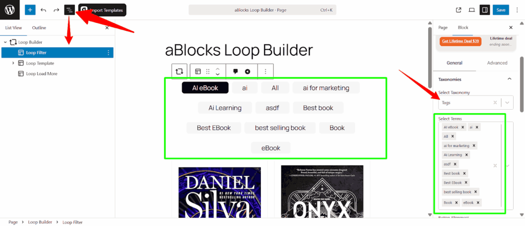Customize the Loop filter options in the section.