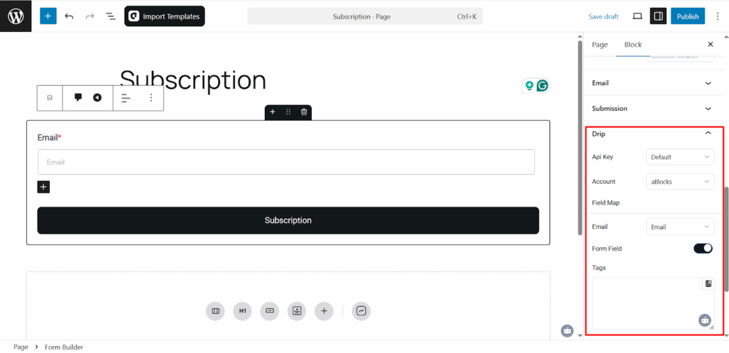 Drip integration settings in aBlocks form after selecting Drip as action after submit.