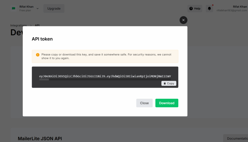 MailerLite generate new API key window showing copy option.