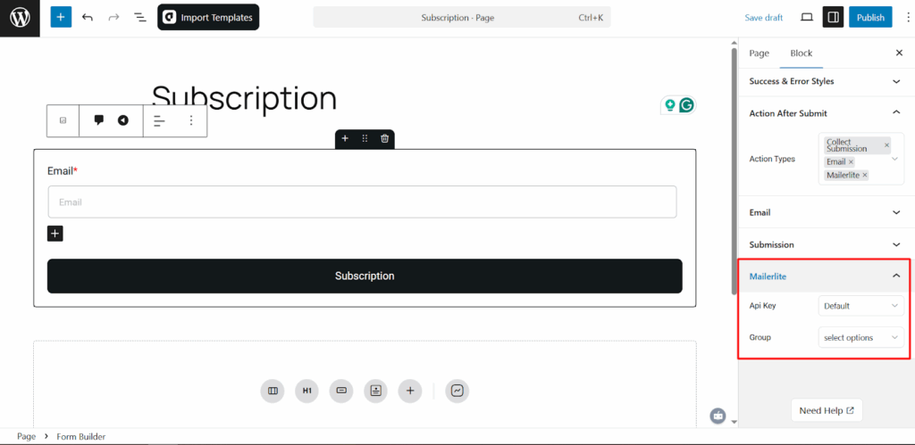 MailerLite integration settings in aBlocks form with group list selection option.