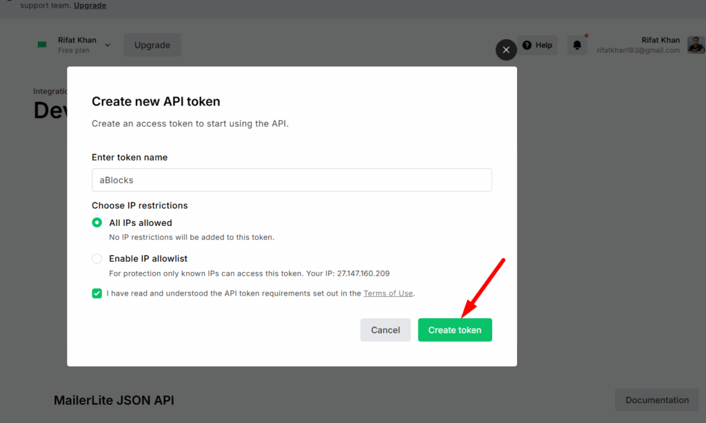 Generate new token button