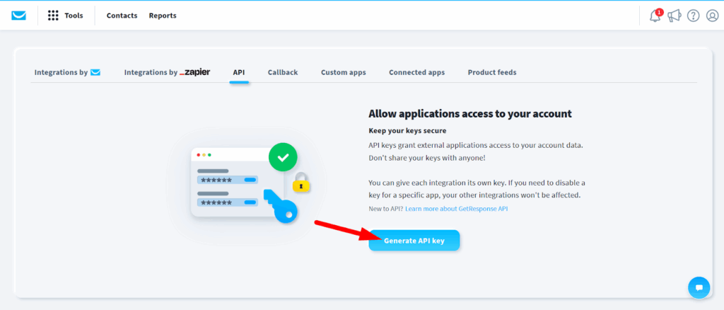 GetResponse Tools menu showing Integrations and API option.