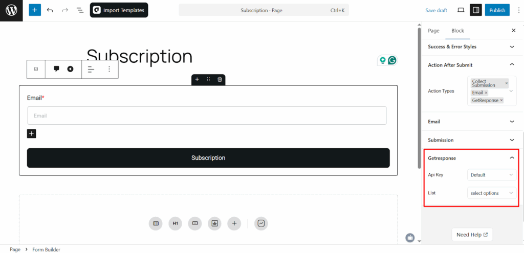 GetResponse integration settings in aBlocks form with audience list selection.