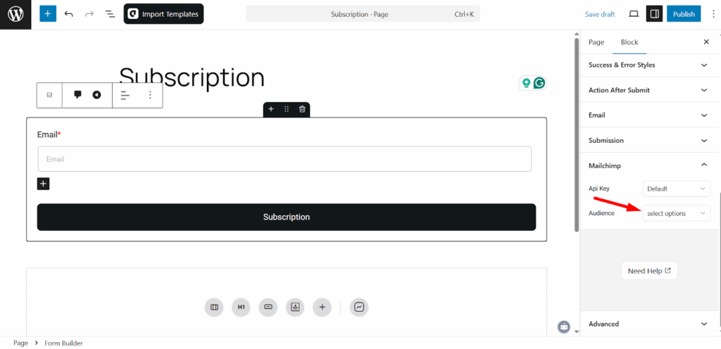 Select Mailchimp audience list in aBlocks form settings.